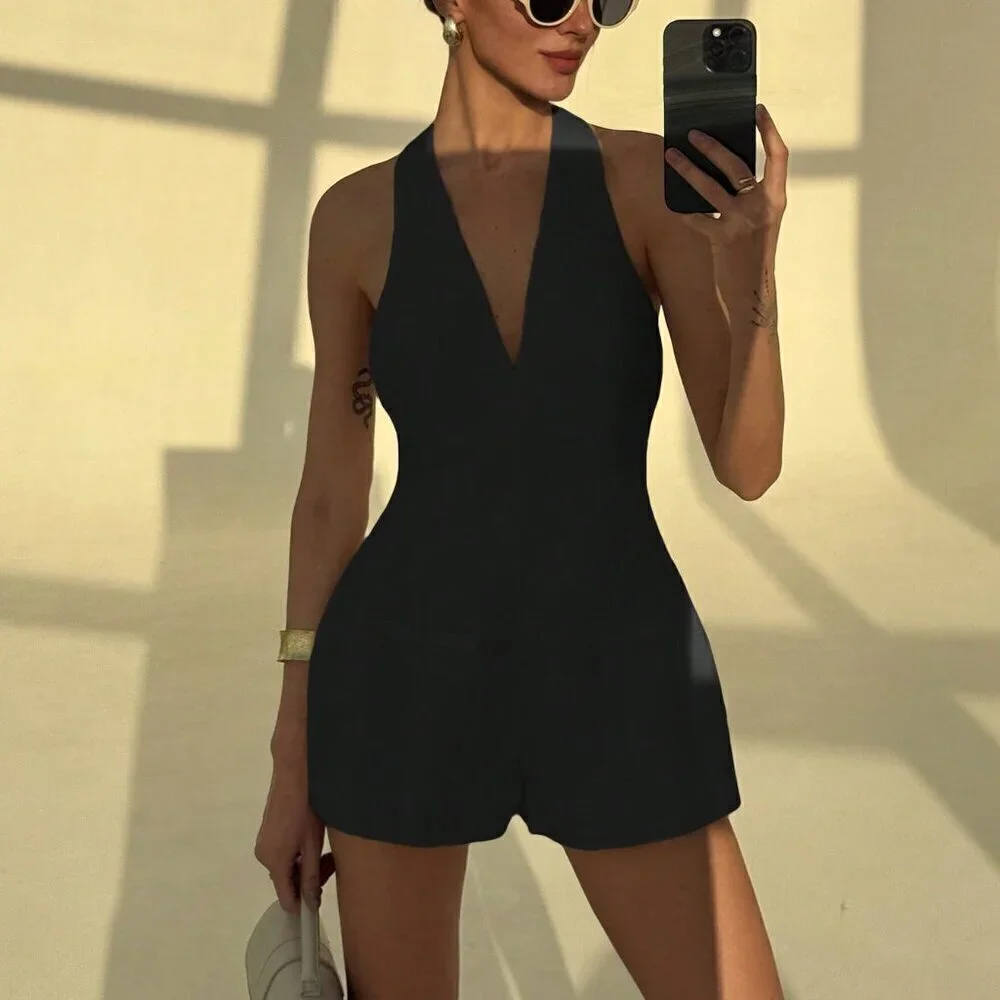 Black Sexy Women's Plunge Neck Form-Fitting Flared Jumpsuit
